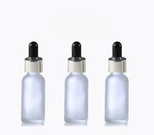 Load image into Gallery viewer, 6 FROSTED 30ml Glass Bottles w/ Metallic Silver &amp; Black Dropper Pipette 1 Oz UPSCALE LUXURY Cosmetic Skincare Packaging, Serum Essential Oil