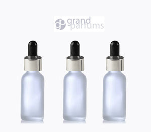 6 FROSTED 15ml Glass Bottles w/ Metallic Silver Glass Dropper Pipette 1/2 Oz UPSCALE LUXURY Cosmetic Skincare Packaging, Serum Essential Oil