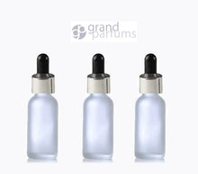 Load image into Gallery viewer, 3 FROSTED 15ml Glass Bottles w/ Metallic Silver Glass Dropper Pipette 1/2 Oz UPSCALE LUXURY Cosmetic Skincare Packaging, Serum Essential Oil
