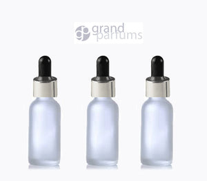 3 FROSTED 15ml Glass Bottles w/ Metallic Silver Glass Dropper Pipette 1/2 Oz UPSCALE LUXURY Cosmetic Skincare Packaging, Serum Essential Oil