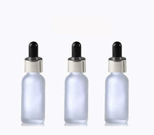 Load image into Gallery viewer, 6 FROSTED 30ml Glass Bottles w/ Metallic Silver &amp; White Dropper Pipette 1 Oz UPSCALE LUXURY Cosmetic Skincare Packaging, Serum Essential Oil