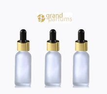Load image into Gallery viewer, 3 FROSTED 15ml Glass Bottles w/ Metallic Silver Glass Dropper Pipette 1/2 Oz UPSCALE LUXURY Cosmetic Skincare Packaging, Serum Essential Oil