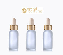 Load image into Gallery viewer, 3 FROSTED 30ml Glass Bottles w/ Metallic Silver Glass Black Dropper Pipette 1 Oz  LUXURY Cosmetic Skincare Packaging, Serum Essential Oil