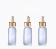 Load image into Gallery viewer, 3 FROSTED 30ml Glass Bottles w/ Metallic Gold Glass Dropper Pipette 1 Oz UPSCALE LUXURY Cosmetic Skincare Packaging, Serum Essential Oil