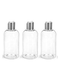 Load image into Gallery viewer, 6 PREMIUM Clear 8 Oz Soap/Hand Cream, Shampoo/Conditioner Shiny 240ml MODERN PET Boston Round Plastic Bottles w/ Silver Disc Cap Dispenser
