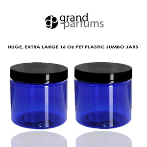 3 PREMIUM Blue Xtra Large JUMBO 16 Oz Jars Hand Cream, Body Butter, Scrubs, Conditioner 240ml PET Hi Wall Plastic Jars w/ Smooth Black Cap