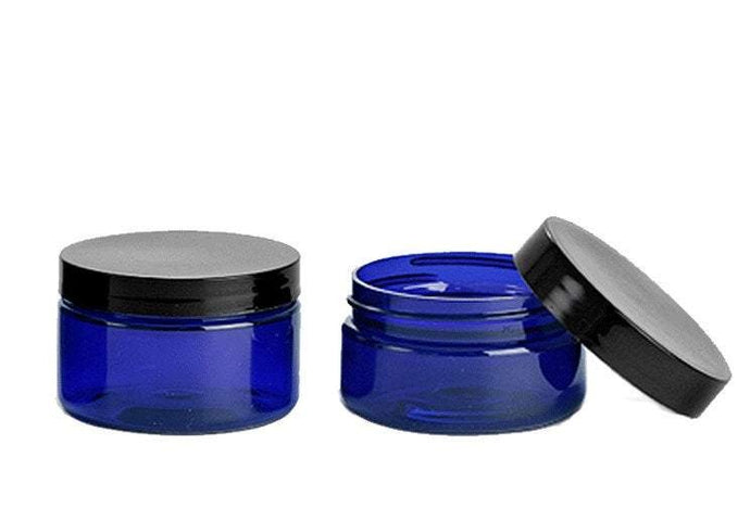 Cobalt Blue 2 Oz Low Profile PET Plastic Empty Cosmetic Jars & Spoons 60mL Black Shiny Smooth Lids Caps Sugar Scrub Bath Salts Conditioner