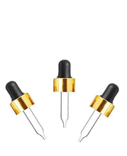 Load image into Gallery viewer, 100 UPSCALE Glass &amp; Aluminum Dropper Caps SHINY or MATTE Gold/Silver 18/415 Pvt. Label Pkg 5ml, 10ml, 15ml , 30ml, 60ml fit Perfume Bottles