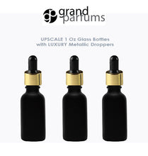 Load image into Gallery viewer, 6 MATTE BLACK 30ml Glass Bottles w/ Metallic Silver &amp; Black Dropper Pipette 1 Oz  LUXURY Cosmetic Skincare Packaging, Serum Essential Oil