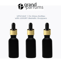 Load image into Gallery viewer, 6 MATTE BLACK 30ml Glass Bottles w/ Metallic Gold &amp; Black Dropper Pipette 1 Oz  LUXURY Cosmetic Skincare Packaging, Serum Essential Oil