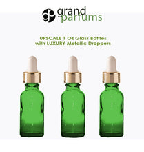Load image into Gallery viewer, 6 GREEN Upscale 30ml Glass Bottles w/ Metallic Gold &amp; Black Dropper Pipette 1 Oz LUXURY Cosmetic Skincare Packaging, Serum Essential Oil