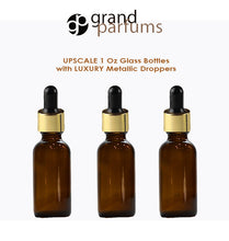 Load image into Gallery viewer, 6 AMBER Upscale 30ml Glass Bottles w/ Metallic Gold &amp; White Dropper Pipette 1 Oz LUXURY Cosmetic Skincare Packaging, Serum Essential Oil