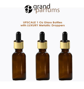 6 AMBER Upscale 30ml Glass Bottles w/ Metallic Gold & White Dropper Pipette 1 Oz LUXURY Cosmetic Skincare Packaging, Serum Essential Oil