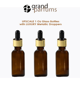 6 AMBER Upscale 30ml Glass Bottles w/ Metallic Gold & Black Dropper Pipette 1 Oz LUXURY Cosmetic Skincare Packaging, Serum Essential Oil