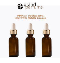Load image into Gallery viewer, 6 AMBER Upscale 30ml Glass Bottles w/ Metallic Gold &amp; White Dropper Pipette 1 Oz LUXURY Cosmetic Skincare Packaging, Serum Essential Oil