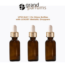 Load image into Gallery viewer, 6 AMBER Upscale 30ml Glass Bottles w/ Metallic Silver &amp; White Dropper Pipette 1 Oz LUXURY Cosmetic Skincare Packaging, Serum Essential Oil