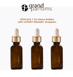 6 AMBER Upscale 30ml Glass Bottles w/ Metallic Gold & White Dropper Pipette 1 Oz LUXURY Cosmetic Skincare Packaging, Serum Essential Oil