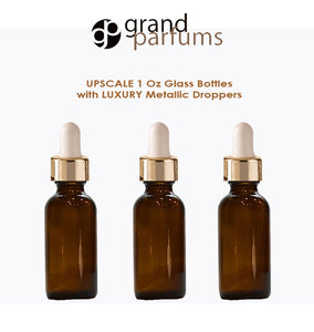6 AMBER Upscale 30ml Glass Bottles w/ Metallic Gold & Black Dropper Pipette 1 Oz LUXURY Cosmetic Skincare Packaging, Serum Essential Oil
