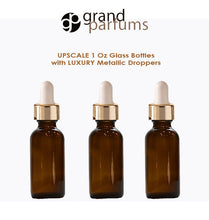 Load image into Gallery viewer, 6 AMBER Upscale 30ml Glass Bottles w/ Metallic Silver &amp; Black Dropper Pipette 1 Oz LUXURY Cosmetic Skincare Packaging, Serum Essential Oil