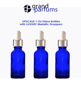 6 Cobalt BLUE 30ml Glass Bottles w/ Metallic Silver & White Dropper Pipette 1 Oz LUXURY Cosmetic Skincare Packaging, Serum Essential Oil