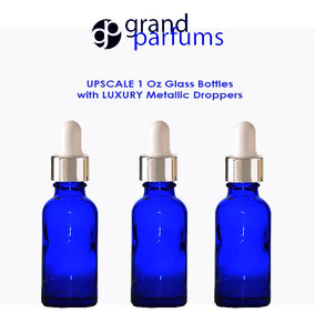 6 Cobalt BLUE 30ml Glass Bottles w/ Metallic Silver & Black Dropper Pipette 1 Oz LUXURY Cosmetic Skincare Packaging, Serum Essential Oil