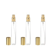 Load image into Gallery viewer, 12 Slim Tall Clear Glass 15ml Fine Mist Perfume &amp; Oil Atomizer Bottles 1/2 Oz 15 ml Shiny SILVER Metallic Spray Mist Cap Modern Style DIY