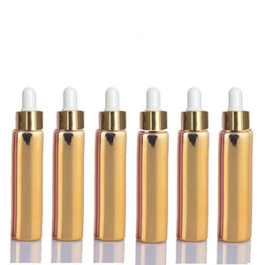 5 Mini 10ml Glass Essential Oil Glass Dropper Bottles (1/3 Oz) Metallic BLUE Colors w/ UV Coating Shiny Metallic GOLD Glass Pipettes 10 ml