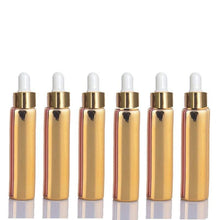 Load image into Gallery viewer, 5 Mini 10ml Glass Essential Oil Glass Dropper Bottles (1/3 Oz) Metallic RED Colors w/ UV Coating Shiny Metallic GOLD Glass Pipettes 10 ml