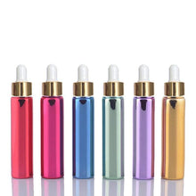 Load image into Gallery viewer, 5 Mini 10ml Glass Essential Oil Glass Dropper Bottles (1/3 Oz) Metallic RED Colors w/ UV Coating Shiny Metallic GOLD Glass Pipettes 10 ml
