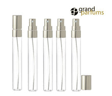 Load image into Gallery viewer, 3 LUXURY Long Slim Glass 10ml Amber Perfume Atomizers, Fine Mist Sprayer, 1/3 Oz Cologne Blends, Samples, Exculsive Private Label Packaging