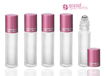 Load image into Gallery viewer, 6 FROSTED Rollers 10 ml PREMIUM Roll On Bottles Steel Balls 10ml  1/3 Oz Essential Oil Perfume Lip Gloss Shiny BLACK/Silver Cap