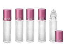 Load image into Gallery viewer, 12 FROSTED 10ml PREMIUM Roll On Bottles Stainless Steel Roller Balls 10 ml  1/3 Oz Essential Oil Perfume Lip Gloss Matte Rose PINK Cap