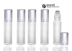 6 FROSTED 10ml PREMIUM Roll On Bottles Stainless Steel Roller Balls 1/3 Oz Essential Oil Perfume Lip Gloss Shiny GOLD Cap Accent