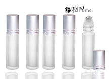 Load image into Gallery viewer, 6 FROSTED Rollers 10 ml PREMIUM Roll On Bottles Steel Balls 10ml  1/3 Oz Essential Oil Perfume Lip Gloss Shiny BLACK/Silver Cap