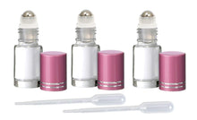Load image into Gallery viewer, 12 Clear PREMIUM 5ml (Dram) Roll On Bottles w/ STAINLESS Steel Roller Balls 5 ml Essential Oil, Perfume Lip Gloss Matte PINK Caps Roll-on