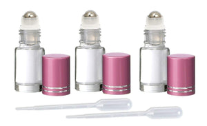 12 Clear PREMIUM 5ml (Dram) Roll On Bottles w/ STAINLESS Steel Roller Balls 5 ml Essential Oil, Perfume Lip Gloss Matte PINK Caps Roll-on