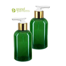 Load image into Gallery viewer, 3 PREMIUM Green 8 Oz Soap/Hand Cream, Shampoo/Conditioner Shiny 240ml MODERN PET Boston Round Plastic Bottles w/ Gold Metallic Lotion  Pump