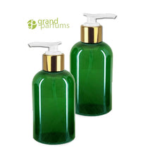 Load image into Gallery viewer, 3 PREMIUM Amber 8 Oz Soap/Hand Cream, Shampoo/Conditioner Shiny 240ml MODERN PET Boston Round Plastic Bottles w/ Gold Metallic Lotion  Pump