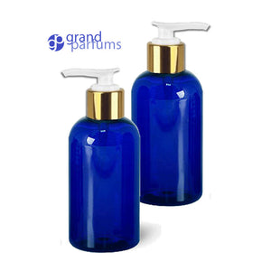 2 Hi End 8 Oz Soap/Hand Cream, Shampoo/Conditioner Shiny Green 240ml MODERN PET Boston Round Plastic Bottles w/ Gold Metallic Lotion Pump
