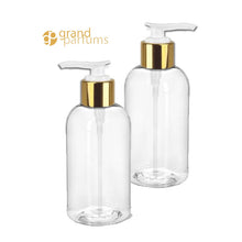 Load image into Gallery viewer, 2 Hi End 8 Oz Soap/Hand Cream, Shampoo/Conditioner Shiny Blue 240ml MODERN PET Boston Round Plastic Bottles w/ Gold Metallic Lotion Pump