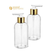Load image into Gallery viewer, 3 PREMIUM Amber 8 Oz Soap/Hand Cream, Shampoo/Conditioner Shiny 240ml MODERN PET Boston Round Plastic Bottles w/ Gold Metallic Lotion  Pump