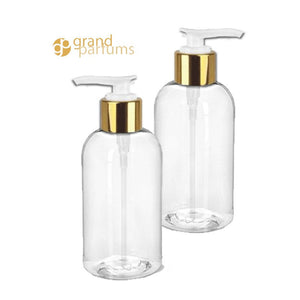 3 PREMIUM Amber 8 Oz Soap/Hand Cream, Shampoo/Conditioner Shiny 240ml MODERN PET Boston Round Plastic Bottles w/ Gold Metallic Lotion  Pump