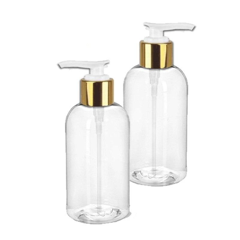 2 PREMIUM 8 Oz Soap/Hand Cream, Shampoo/Conditioner Shiny Clear 240ml MODERN PET Boston Round Plastic Bottles w/ Gold Metallic Lotion  Pump