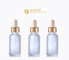 Load image into Gallery viewer, 3 FROSTED 30ml Glass Bottles w/ Metallic Gold Glass Dropper Pipettes 1 Oz UPSCALE LUXURY Cosmetic Skincare Packaging, Serum, Essential Oil