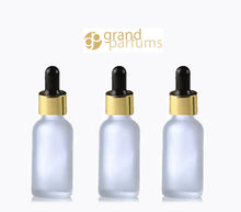 Load image into Gallery viewer, 3 FROSTED 30ml Glass Bottles w/ Metallic Gold Glass Dropper Pipettes 1 Oz UPSCALE LUXURY Cosmetic Skincare Packaging, Serum, Essential Oil