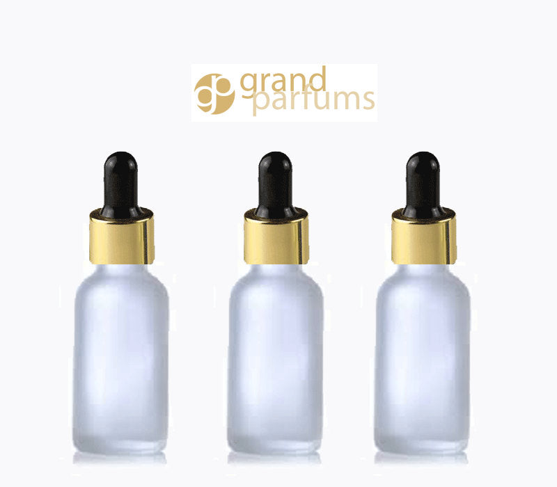 3 FROSTED 30ml Glass Bottles w/ Metallic Gold Glass Dropper Pipettes 1 Oz UPSCALE LUXURY Cosmetic Skincare Packaging, Serum, Essential Oil