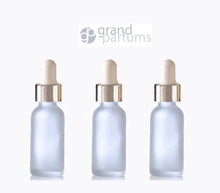Load image into Gallery viewer, 3 FROSTED 15ml Glass Bottles w/ Metallic Gold Glass Dropper Pipettes 1/2 Oz UPSCALE LUXURY Cosmetic Skincare Packaging, Serum, Essential Oil