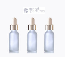 Load image into Gallery viewer, 3 FROSTED 15ml Glass Bottles w/ Metallic Silver Glass Dropper Pipette 1/2 Oz UPSCALE LUXURY Cosmetic Skincare Packaging, Serum Essential Oil