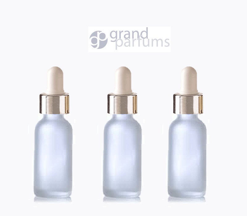 3 FROSTED 15ml Glass Bottles w/ Metallic Silver Glass Dropper Pipette 1/2 Oz UPSCALE LUXURY Cosmetic Skincare Packaging, Serum Essential Oil