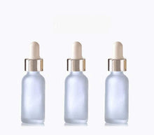 Load image into Gallery viewer, 6 FROSTED 30ml Glass Bottles w/ Metallic Silver &amp; White Dropper Pipette 1 Oz UPSCALE LUXURY Cosmetic Skincare Packaging, Serum Essential Oil